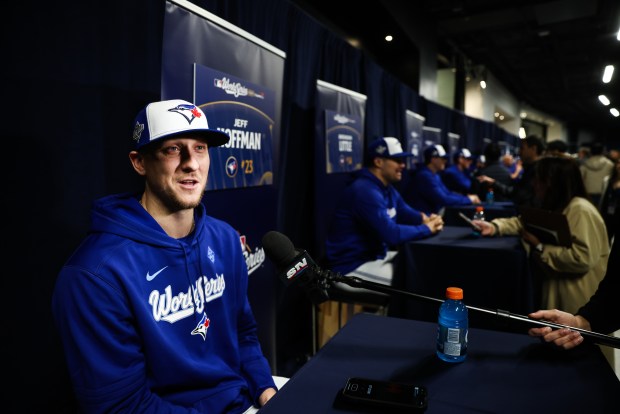 Jeff Hoffman of the Toronto Blue Jays speaks to media during World Series Workout Day ahead of Game 1 of the World Series at Rogers Centre on October 23, 2025 in Toronto, Ontario, Canada. (Photo by Cole Burston/Getty Images)