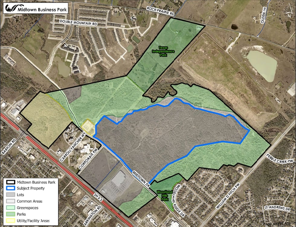 The proposed baseball complex would be located inside the blue outline.