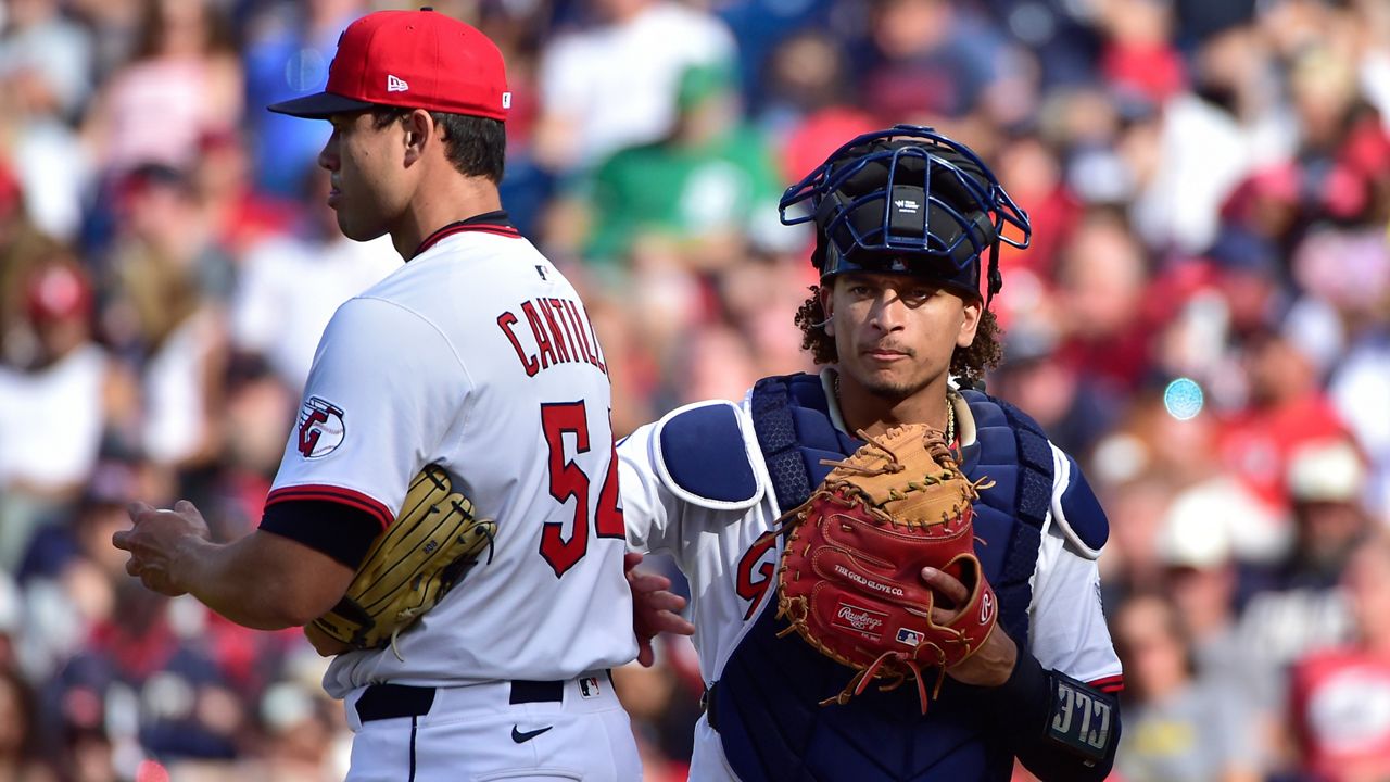 Cleveland Guardians pitcher Joey Cantillo, left, and catcher Bo Naylor talked during Game 3 of the ALWild Card series against the Detroit Tigers in Cleveland on Thursday.