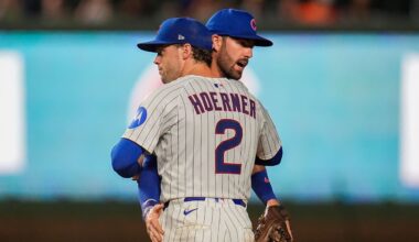 Chicago Cubs second baseman Nico Hoerner (2) and shortstop Dansby Swanson (7) celebrate their team's win over the Milwaukee Brewers in the second baseball game of a split doubleheader Tuesday, Aug. 19, 2025, in Chicago.