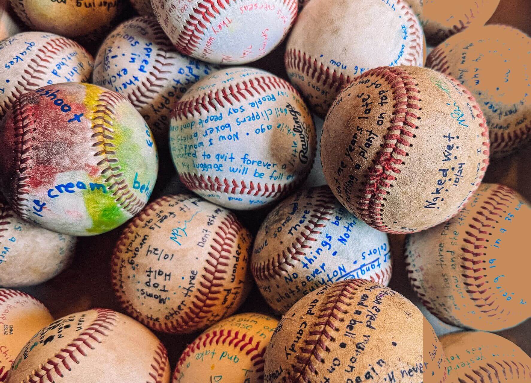 A bucket of balls with Matt Berninger's handwritten lyrics