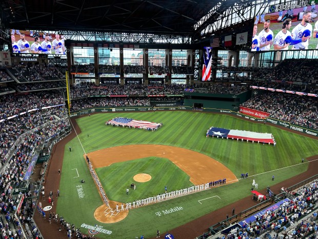 The Red Sox and Rangers take the field on Opening Day at Globe Life Field this past March. (Mac Cerullo/Boston Herald)