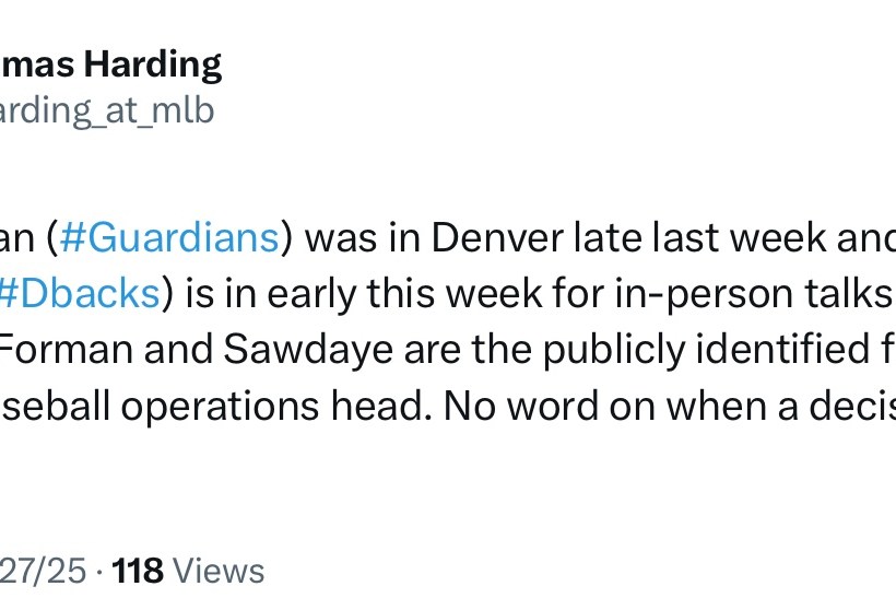 Matt Forman (#Guardians) was in Denver late last week and Amiel Sawdaye (#Dbacks) is in early this week for in-person talks with the #Rockies. Forman and Sawdaye are the publicly identified finalists as the new baseball operations head. No word on when a decision will be made.