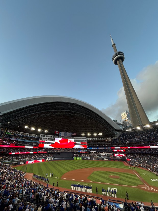 Rogers Centre in Toronto, seen here moments before first pitch prior to the Red Sox's Sept. 25 game against the Blue Jays, boasts one of the most distinctive views in MLB when its roof is open. (Mac Cerullo/Boston Herald)