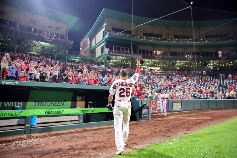 JJ Wetherholt salutes the fans at Hammons Field after hitting a game-winning, ninth-inning single in a 4-3 victory over Northwest Arkansas on July 1.
