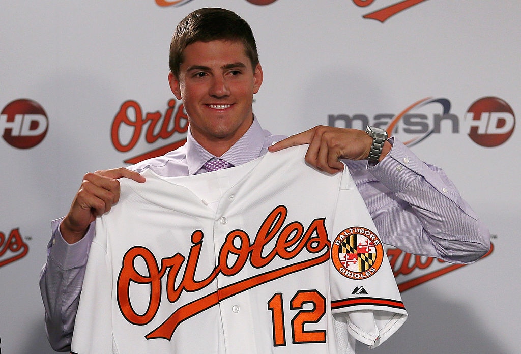 Kevin Gausman, the Baltimore Orioles' first round draft pick of the 2012 draft, holds up his jersey during a news conference at Camden Yards on July 13, 2012.