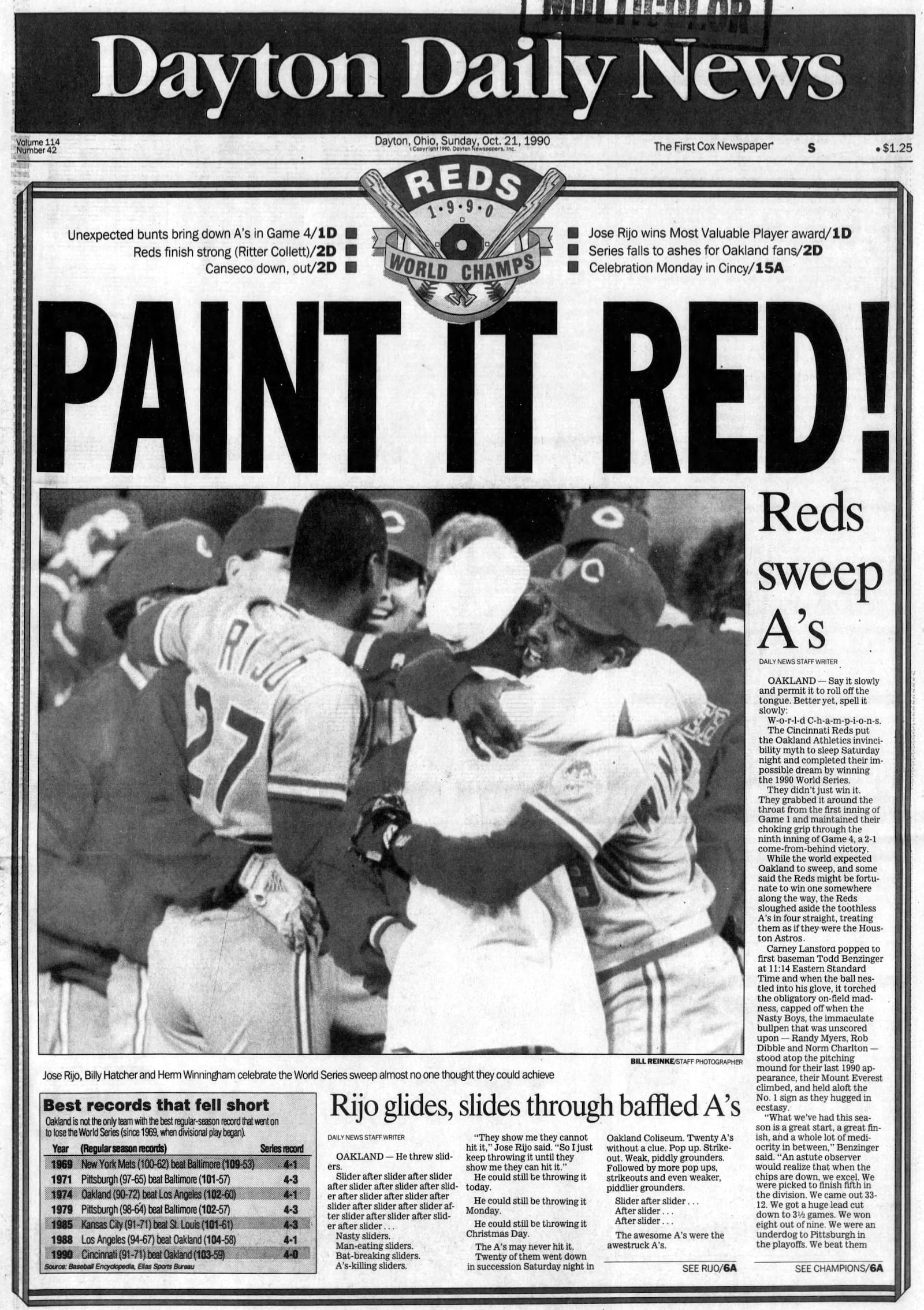 The Oct. 21, 1990 front page of the Dayton Daily News celebrated the Cincinnati Reds World Series victory. DAYTON DAILY NEWS ARCHIVES