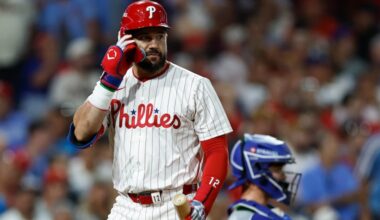 Phillies designated hitter Kyle Schwarber reacts after striking out against the Dodgers in Game 2 on Monday.