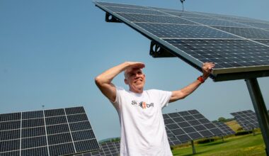Bill McKibben at a solar array at Middlebury College in Middlebury, Vermont.