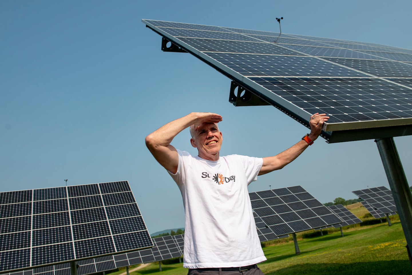 Bill McKibben at a solar array at Middlebury College in Middlebury, Vermont.