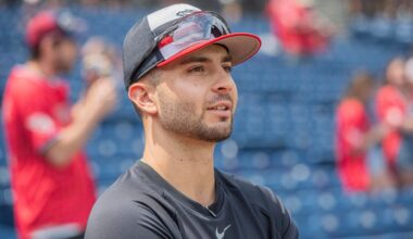 Cleveland Guardians' CJ Kayfus talks with reporters as he prepares for his major league debut before a baseball game against the Minnesota Twins, Saturday, Aug. 2, 2025, in Cleveland.