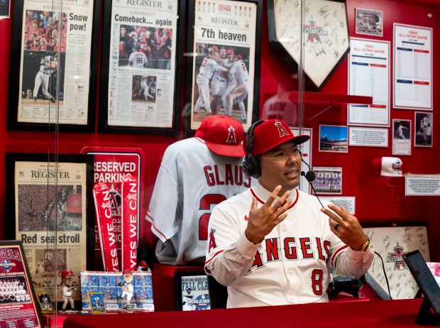 New Angels manager Kurt Suzuki does a radio interview in...