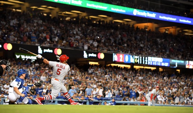 Albert Pujols #5 of the St. Louis Cardinals watches his second home run of the night and his 700th of his career off relief pitcher Phil Bickford (not pictured) of the Los Angeles Dodgers in the fourth inning of a MLB baseball game at Dodger Stadium in Los Angeles on Friday, September 23, 2022. (Photo by Keith Birmingham, Pasadena Star-News/ SCNG)