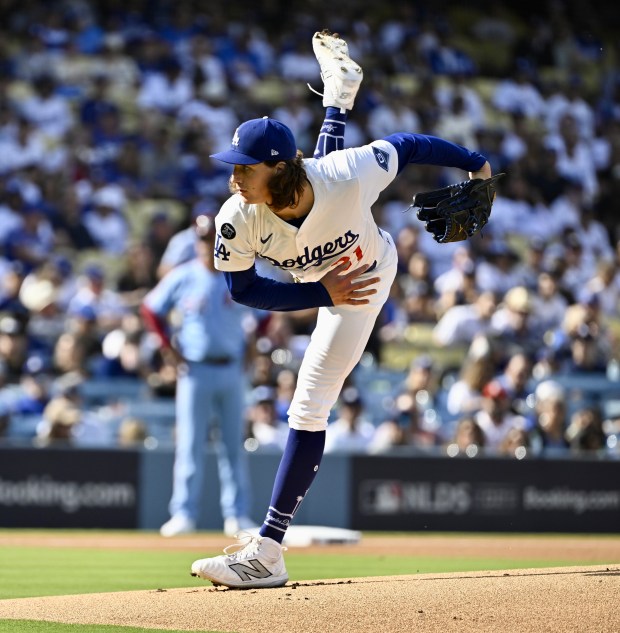 Dodgers starting pitcher Tyler Glasnow throws to the plate during...