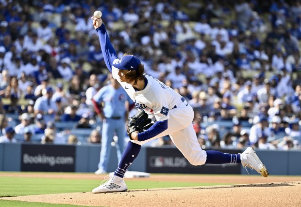 Dodgers starting pitcher Tyler Glasnow throws to the plate during...