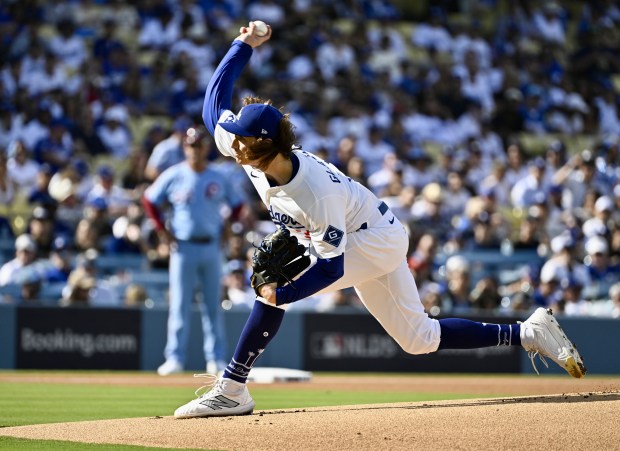 Dodgers starting pitcher Tyler Glasnow throws to the plate during...