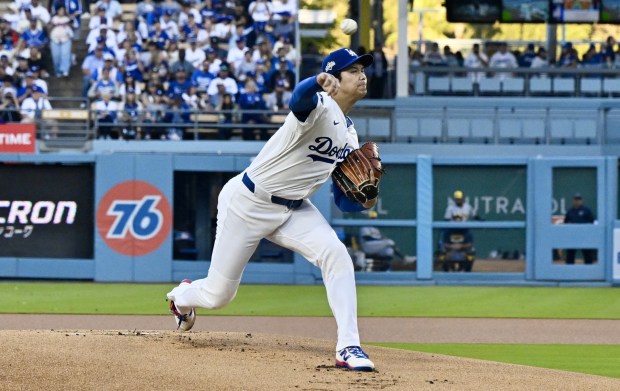 Dodgers starting pitcher Shohei Ohtani throws to the plate during...