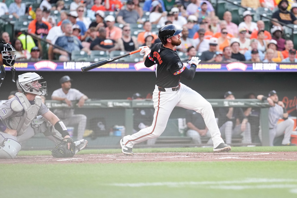 Baltimore Orioles third baseman Jordan Westburg (11) homers in the first inning of a game against the Colorado Rockies at Oriole Park at Camden Yards in Baltimore, Md. on Friday, July 25, 2025.