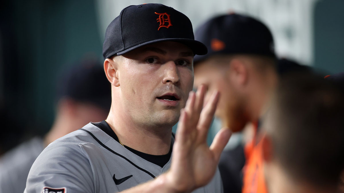 Detroit Tigers pitcher Tarik Skubal (29) is congratulated by his teammates in the dugout during the seventh inning against the Texas Rangers at Globe Life Field.