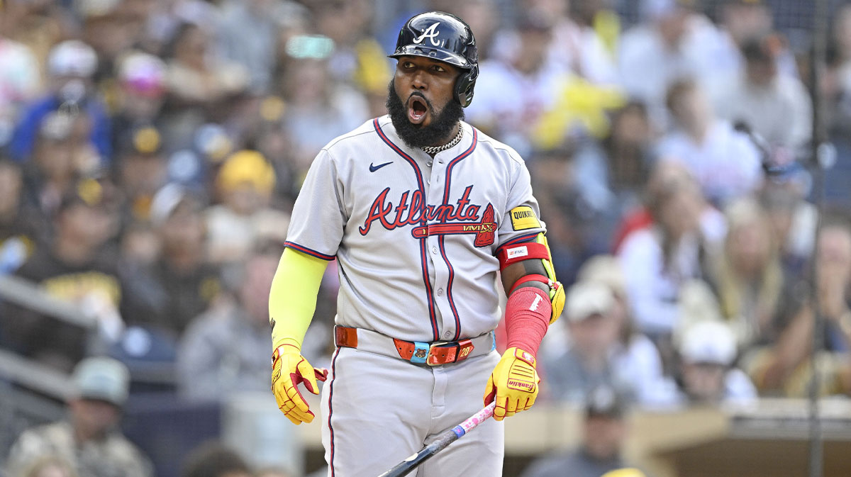 Atlanta Braves designated hitter Marcell Ozuna (20) reacts after striking out during the fourth inning against the San Diego Padres at Petco Park.