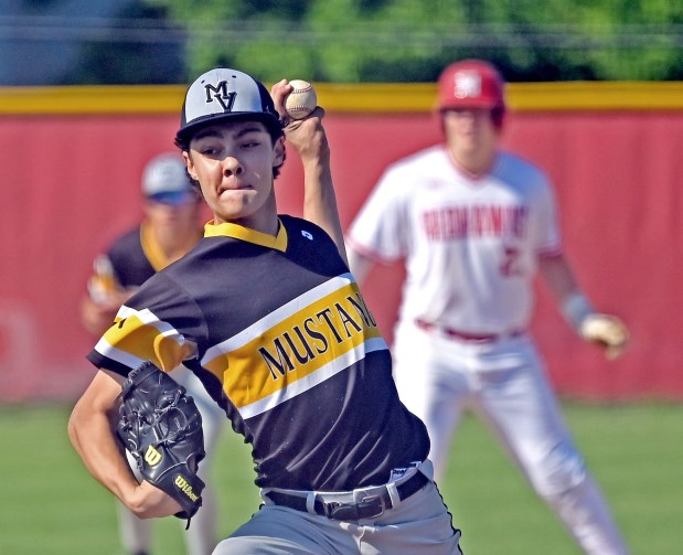 Metea Valley's Tyler Gluting delivers a pitch to home. Naperville Central defeated Metea Valley, 5-0 in baseball, Wednesday, May 15, 2024, in Naperville, Illinois. (Jon Langham/for Naperville Sun)