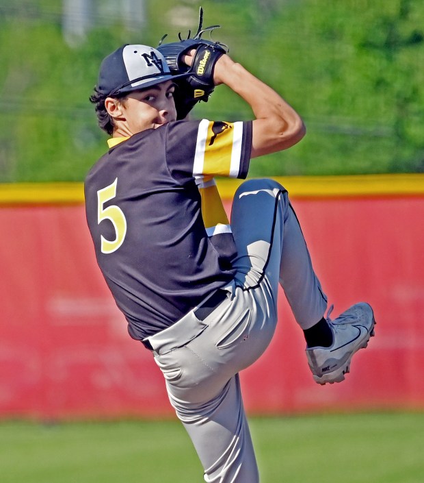 Metea Valley's Tyler Gluting delivers a pitch to home. Naperville Central defeated Metea Valley, 5-0 in baseball, Wednesday, May 15, 2024, in Naperville, Illinois. (Jon Langham/for Naperville Sun)