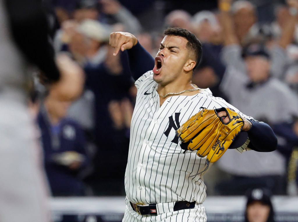 New York Yankees pitcher Fernando Cruz reacts after getting Boston Red Sox shortstop Trevor Story to fly out against the Yankees with the bases loaded ending the 7th inning in the Bronx, New York, October 01 2025.