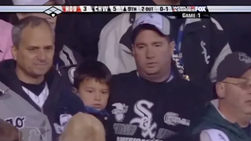 Pope Leo, left, was captured on the broadcast of Game 1 of the 2005 World Series wearing Chicago White Sox gear.