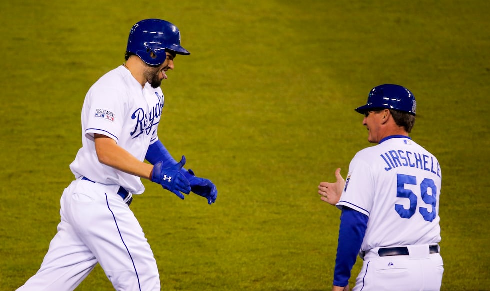 Kansas City Royals first baseman Eric Hosmer (35) celebrates as he rounds the bases towards...