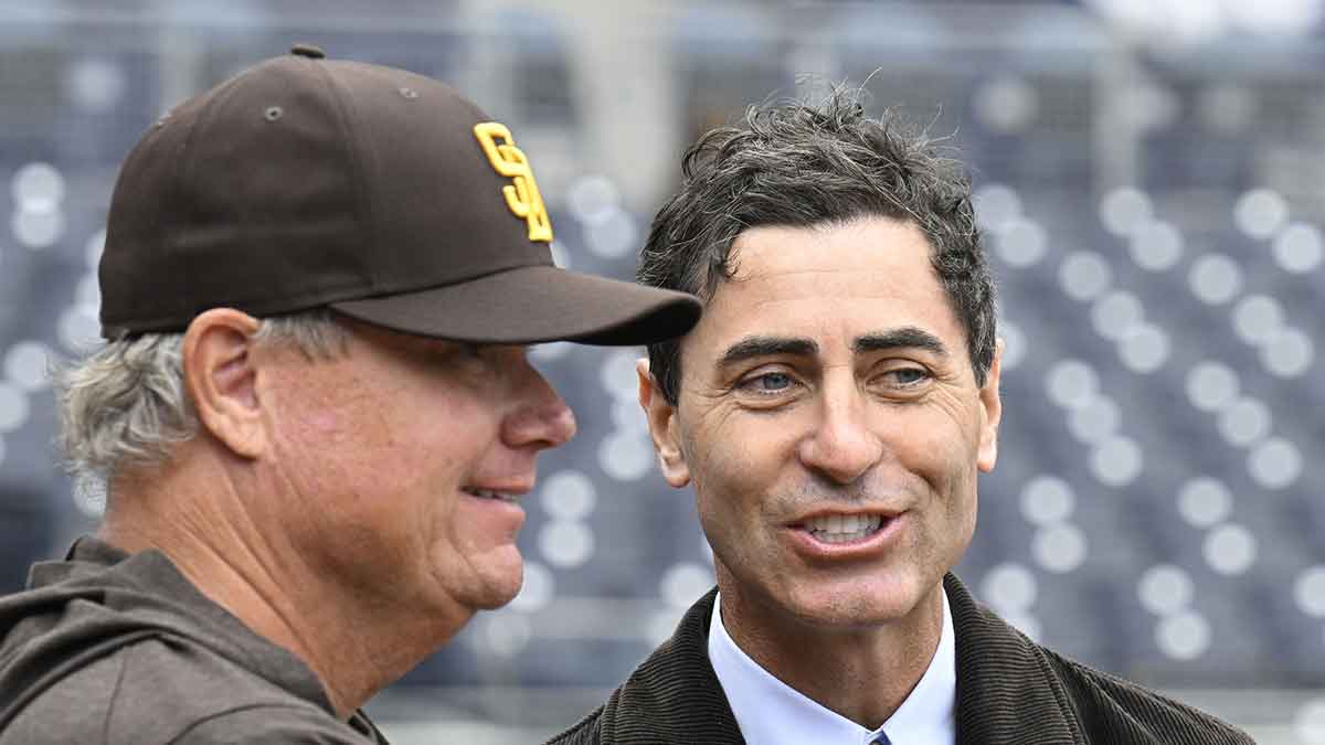 San Diego Padres general manager A.J. Preller, right, talks with manager Mike Shildt before an Opening Day baseball game between the San Diego Padres and the Atlanta Braves at Petco Park.