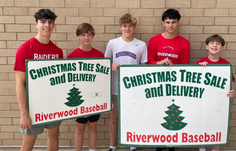 Raider Baseball players Jackson Melgarejo, Thomas Ghioto, Josh Petchenik, Lance Hermant, and Dylan Sonenshine are among those who will help customers with their Christmas trees. (Provided by Riverwood Baseball)