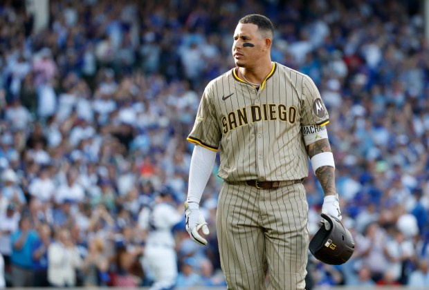Manny Machado #13 of the San Diego Padres looks on after striking out in the first inning against the Chicago Cubs during Game 3 of the NL Wild Card Series at Wrigley Field on Oct. 2, 2025 in Chicago, Illinois. (Photo by K.C. Alfred / The San Diego Union-Tribune)