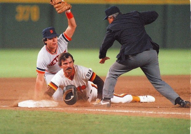 Marty Castillo completes tag, umpire Rich Garcia calls Padres Kurt Bevacqua is out at third base as the Tigers' Marty Castillo applies the tag and umpire Rich Garcia makes the call on a crucial play in Game 1 of the '84 World Series. (Union-Tribune file photo)