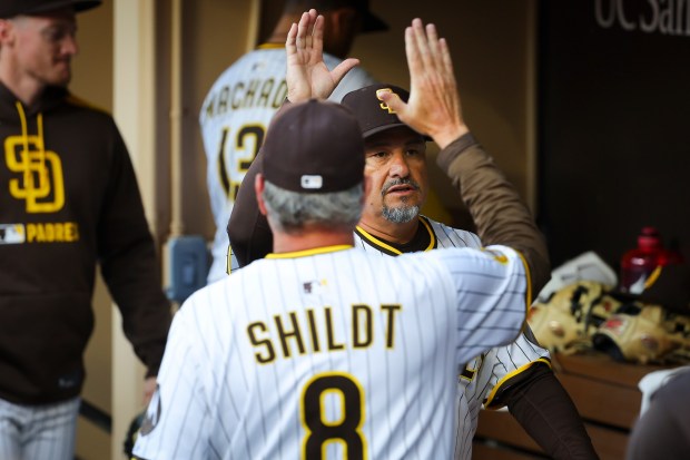 Ruben Niebla #57 and Mike Shildt #8 of the San Diego Padres high five before the game against the St. Louis Cardinals at Petco Park on Saturday, Aug. 2, 2025 in San Diego, CA. (Meg McLaughlin / The San Diego Union-Tribune)