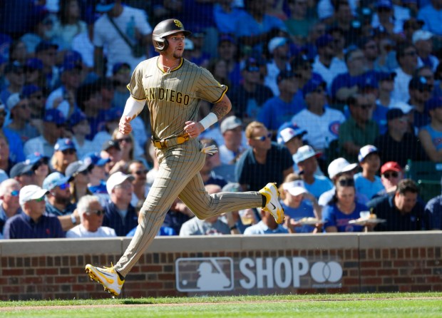 Jackson Merrill #3 of the San Diego Padres scores in the second inning against the Chicago Cubs during Game 1 of the NL Wild Card Series at Wrigley Field on Sept. 30, 2025 in Chicago, Illinois. (Photo by K.C. Alfred / The San Diego Union-Tribune)