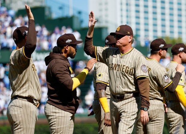 Manager Mike Shildt #8 of the San Diego Padres is introduced before playing the Chicago Cubs during Game 1 of the NL Wild Card Series at Wrigley Field on Sept. 30, 2025 in Chicago, Illinois. (Photo by K.C. Alfred / The San Diego Union-Tribune)