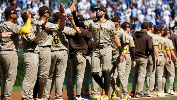 Fernando Tatis Jr. #23 of the San Diego Padres is introduced before playing the Chicago Cubs during Game 1 of the NL Wild Card Series at Wrigley Field on Sept. 30, 2025 in Chicago, Illinois. (Photo by K.C. Alfred / The San Diego Union-Tribune)