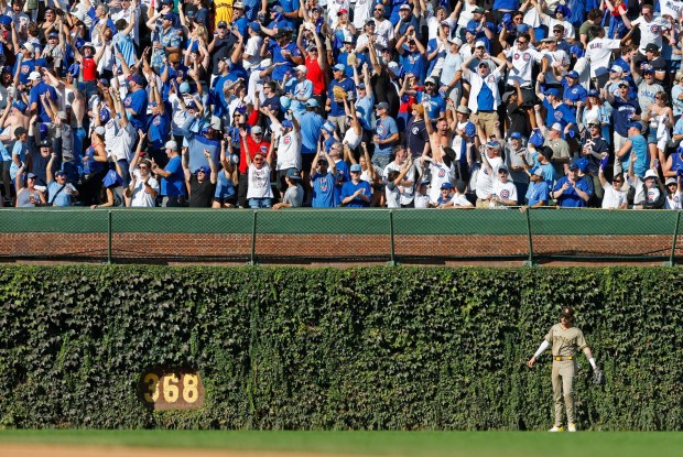 Jackson Merrill #3 of the San Diego Padres looks on after a solo home run by Seiya Suzuki #27 of the Chicago Cubs in the sixth inning during Game 1 of the NL Wild Card Series at Wrigley Field on Sept. 30, 2025 in Chicago, Illinois. (Photo by K.C. Alfred / The San Diego Union-Tribune)