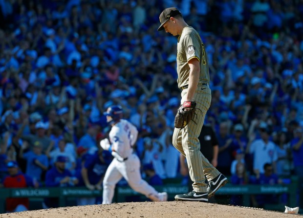 Nick Pivetta #27 of the San Diego Padres looks on as Seiya Suzuki #27 of the Chicago Cubs rounds the base after hitting a solo home run in the sixth inning during Game 1 of the NL Wild Card Series at Wrigley Field on Sept. 30, 2025 in Chicago, Illinois. (Photo by K.C. Alfred / The San Diego Union-Tribune)