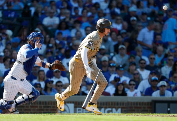 Jackson Merrill #3 of the San Diego Padres runs on a sacrifice bunt in the fourth inning as Carson Kelly #15 of the Chicago Cubs gets ready to throw him out during Game 1 of the Wildcard series at Wrigley Field on Sept. 29, 2025 in Chicago, Illinois. (Photo by K.C. Alfred / The San Diego Union-Tribune)