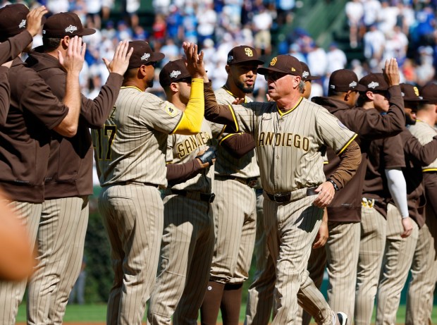 Manager Mike Shildt #8 of the San Diego Padres is introduced before Game 1 of the NL Wild Card Series against the Chicago Cubs at Wrigley Field on Sept. 30, 2025 in Chicago, Illinois. (Photo by K.C. Alfred / The San Diego Union-Tribune)