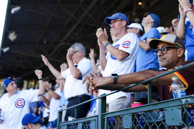 Rocky Goyal, of San Diego, watches during the ninth inning of game one of the NL Wild Card Series between the San Diego Padres and the Chicago Cubs at Wrigley Field on Tuesday, Sept. 30, 2025 in Chicago, Illinois. (Meg McLaughlin / The San Diego Union-Tribune)