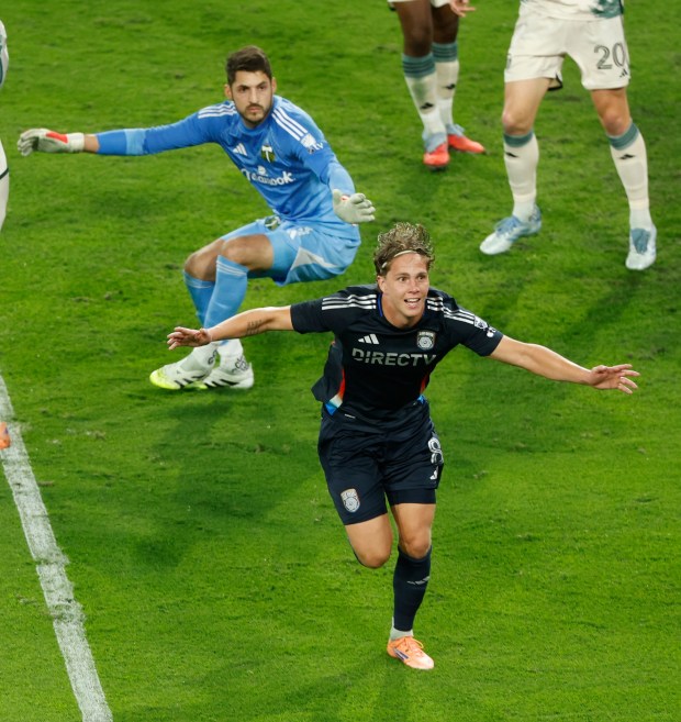 Onni Valakari #8 of San Diego FC celebrates after scoring against James Pantemis #41 of the Portland Timbers in match one of the Western Conference Round One of the 2025 MLS Cup Playoffs at Snapdragon Stadium on Oct. 26, 2025 in San Diego, California. (Photo by K.C. Alfred / The San Diego Union-Tribune)