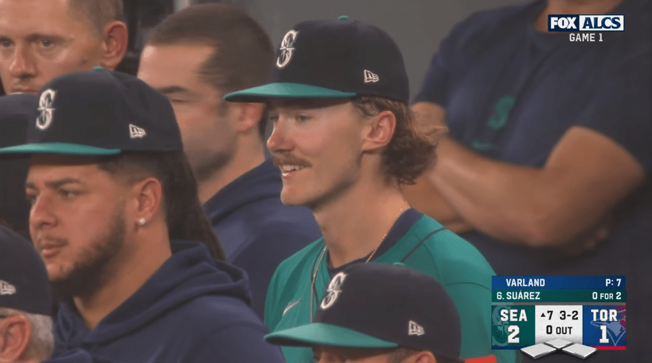 Bryce Miller smiles after completing his start against the Toronto Blue Jays.