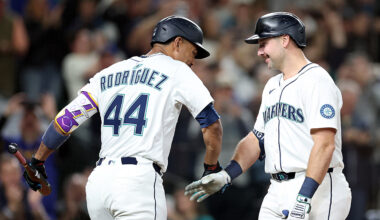 Seattle Mariners Julio Rodriguez Cal Raleigh celebrate Colorado Rockies 2024...