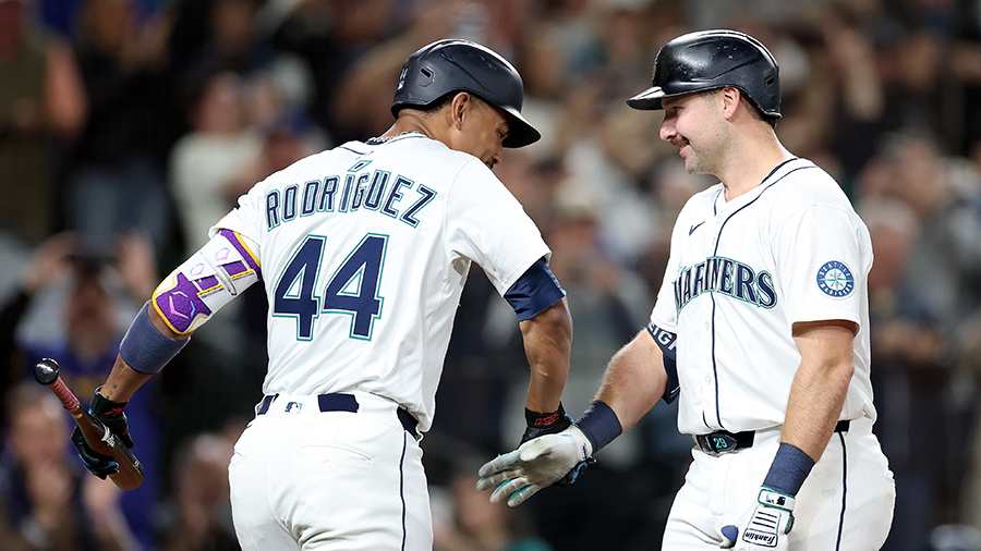Seattle Mariners Julio Rodriguez Cal Raleigh celebrate Colorado Rockies 2024...