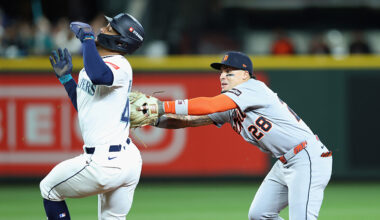 Seattle Mariners Julio Rodriguez tagged out Detroit Tigers Javier Báez ALDS Game 1 2025...