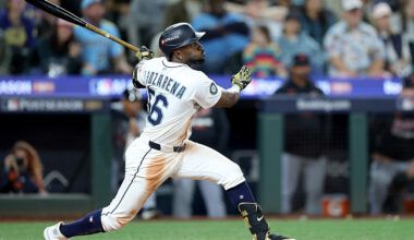 Seattle Mariners Randy Arozarena swinging Game 2 ALDS Detroit Tigers 2025...