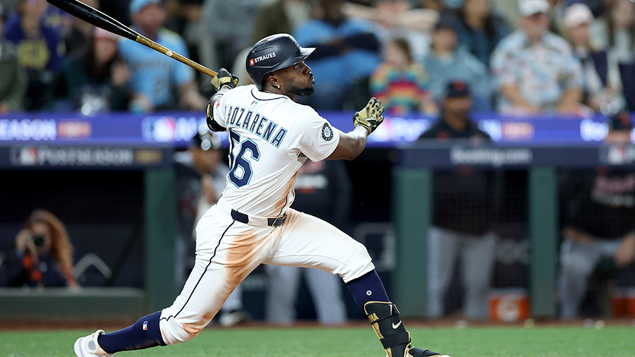 Seattle Mariners Randy Arozarena swinging Game 2 ALDS Detroit Tigers 2025...