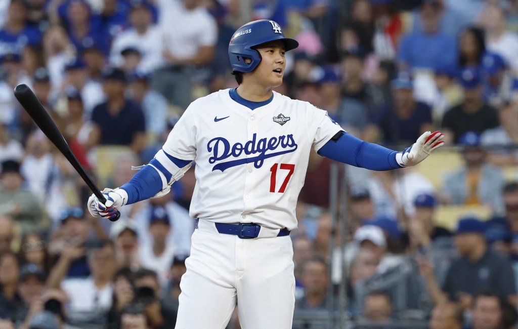 Shohei Ohtani reacts to a strike call in the first inning of the Dodgers' Game 4 loss to the Blue Jays.
